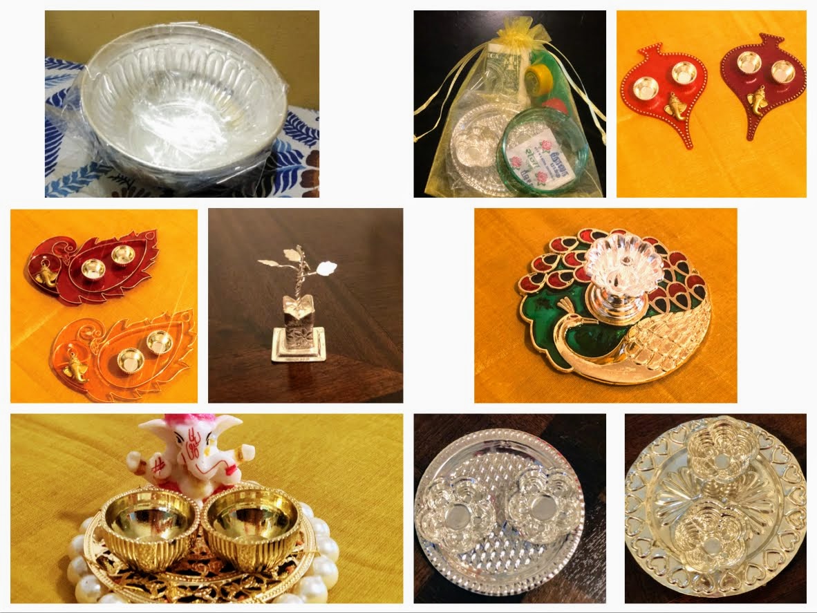 Diyas, white metal decors, haldi-kumkum return gifts